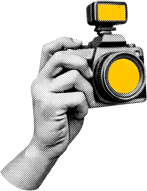 Halftone illustration of a hand holding a camera